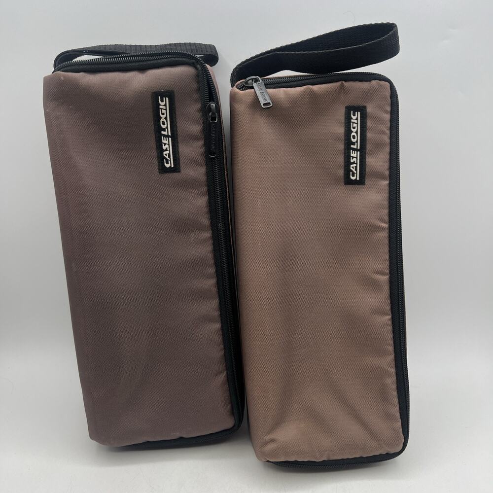 Lot 2 Case Logic 15 Cassette Tape Storage Case Wrist Strap Brown Nylon Tote 12"